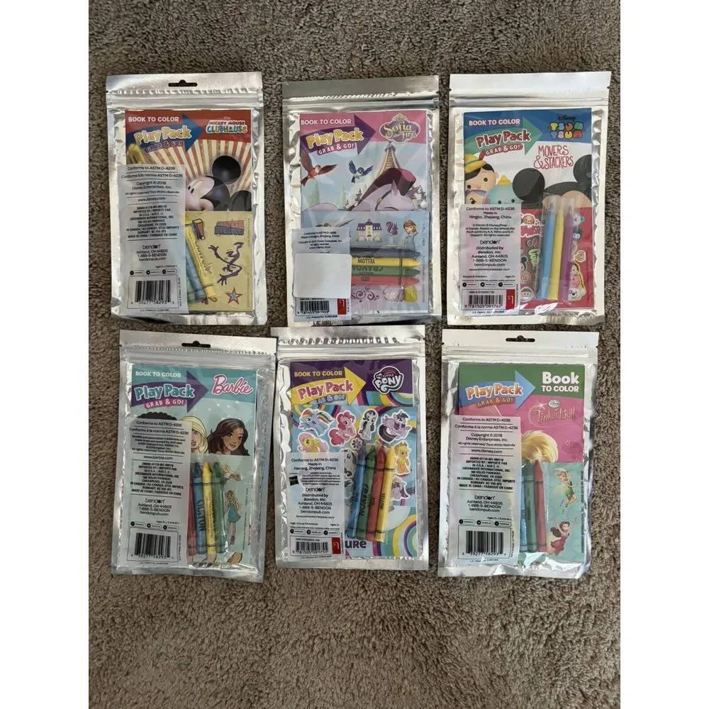 6 Grab & Go Play Packs Crayons Stickers Coloring Book Party Favors Travel